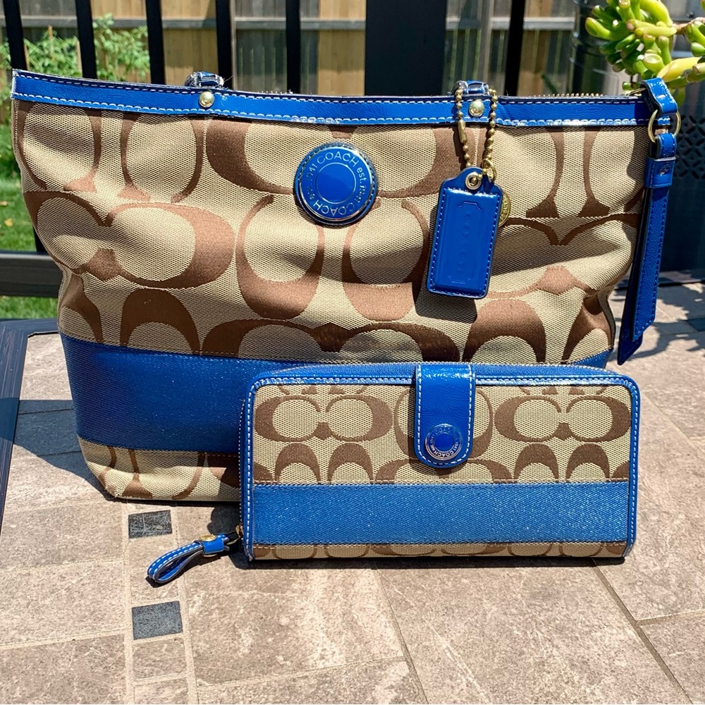 Coach Signature Stripe Brown/Blue Tote/Shoulder Bag F19046 with Wallet